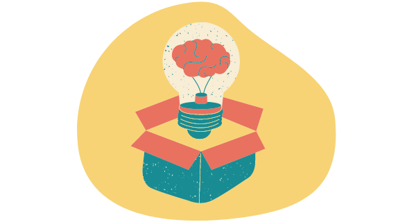 Imagem de um cérebro dentro uma lâmpada flutuando sobre uma caixa aberta, remetendo à ideia de inovação.