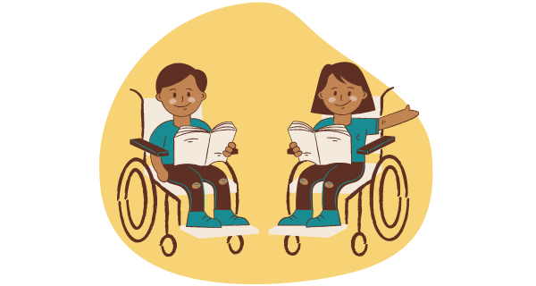 Imagem com duas crianças em cadeira de rodas segurando livros.