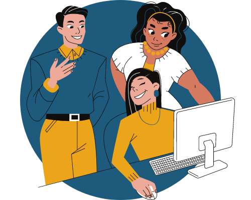 imagem de três pessoas conversando e consultando um computador, remetendo à formação comportamental.